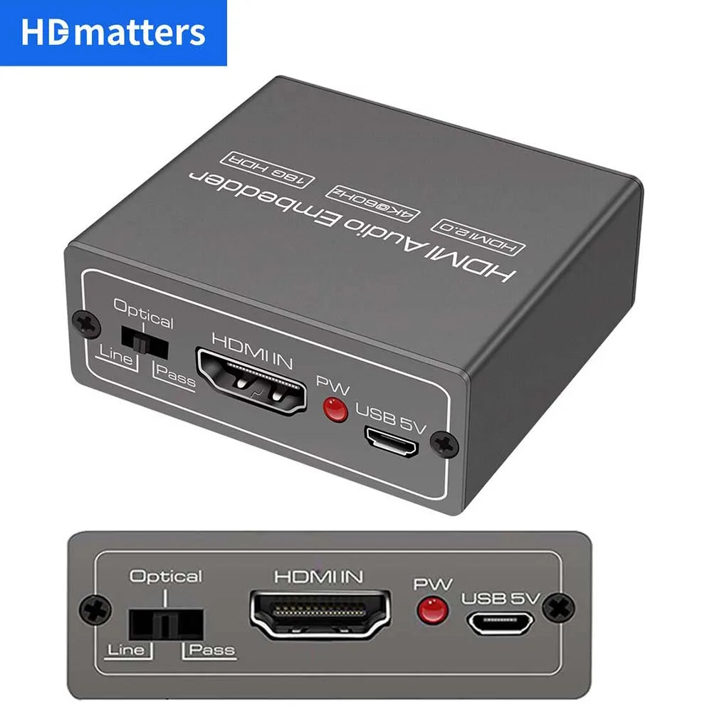 HDMI Audio Embedder Inserter HDMI 2.0 HDMI Audio Mixer HDMI+ Aux Audio+Digital Toslink Audio to HDMI Converter Mixer 4K 60Hz&Hdr