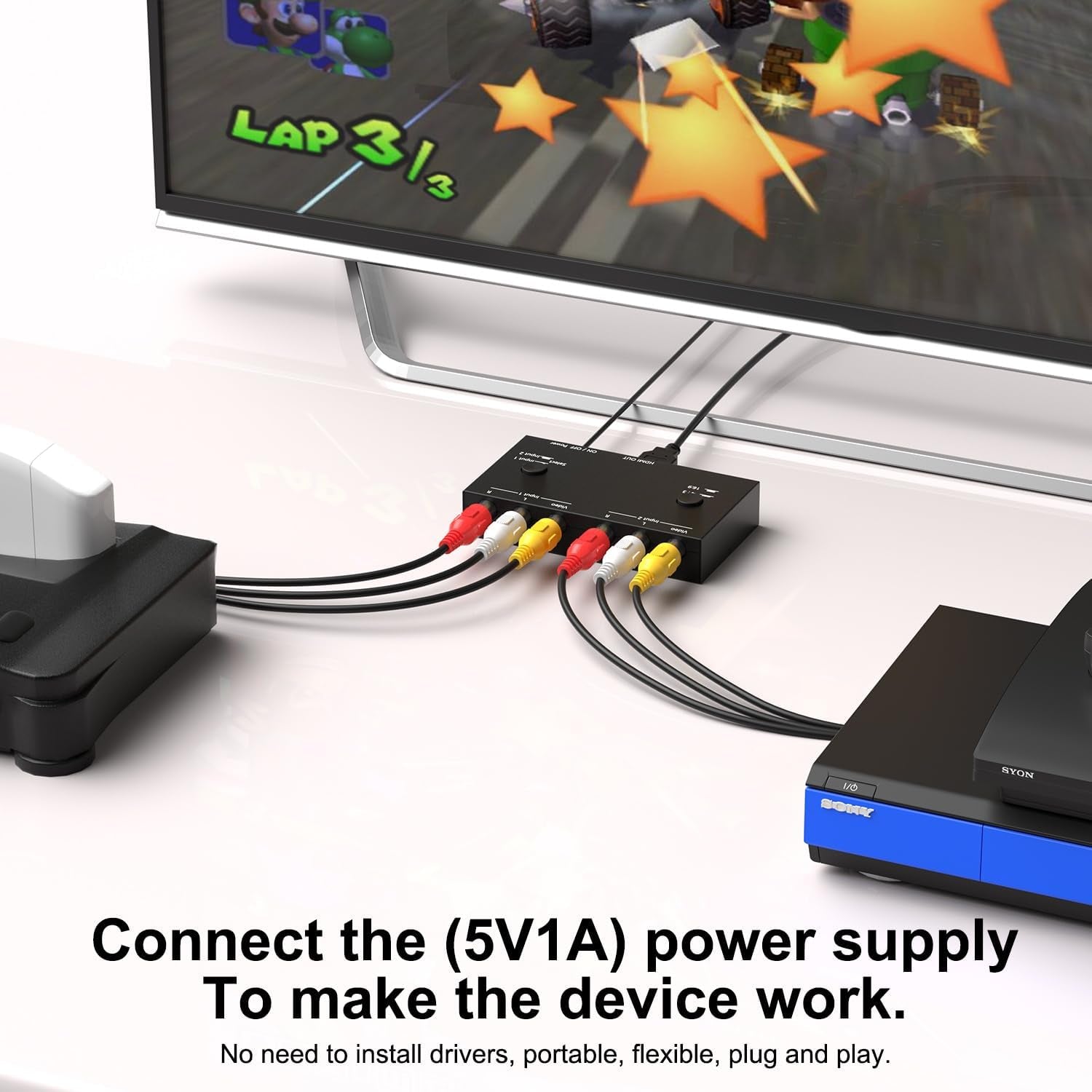 2 Port AV to HDMI Converter, RCA to HDMI Adapter Support 16:9/4:3 Compatible with WII, N64, PS2, VHS, VCR DVD Players Etc