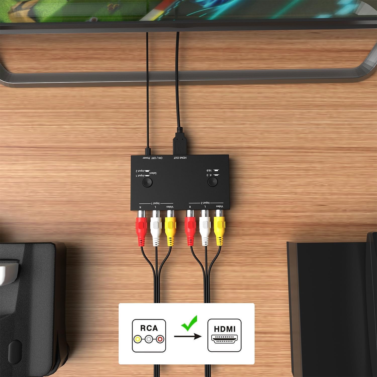 2 Port AV to HDMI Converter, RCA to HDMI Adapter Support 16:9/4:3 Compatible with WII, N64, PS2, VHS, VCR DVD Players Etc