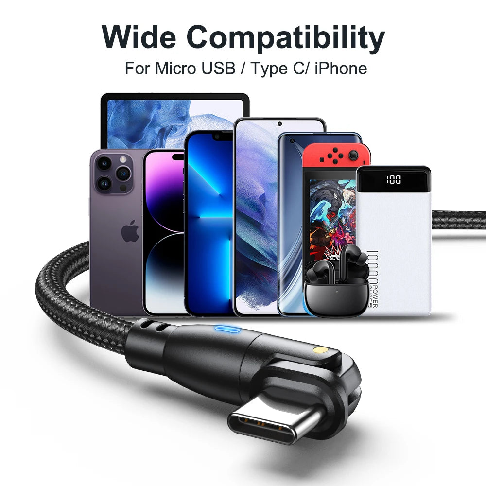 3A Fast Charging Type-C Cable for Samsung, 180-Degree Rotating iPhone Cable, Micro USB Charger Data Cord for Xiaomi, Realme, and Poco F3