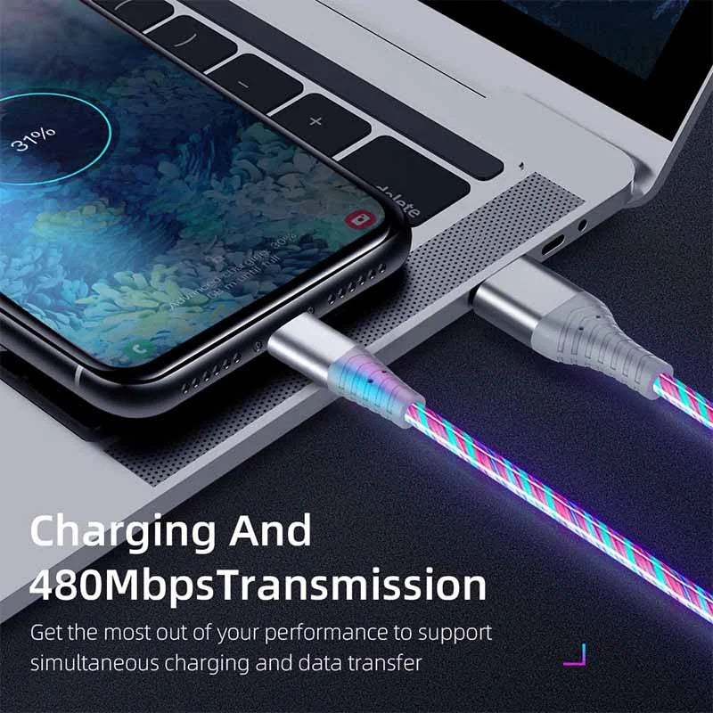 Flow Luminous USB Type-C 3A Fast Charging Data Cable for Samsung, Xiaomi, OPPO, Huawei, and iPhone with LED Indicator