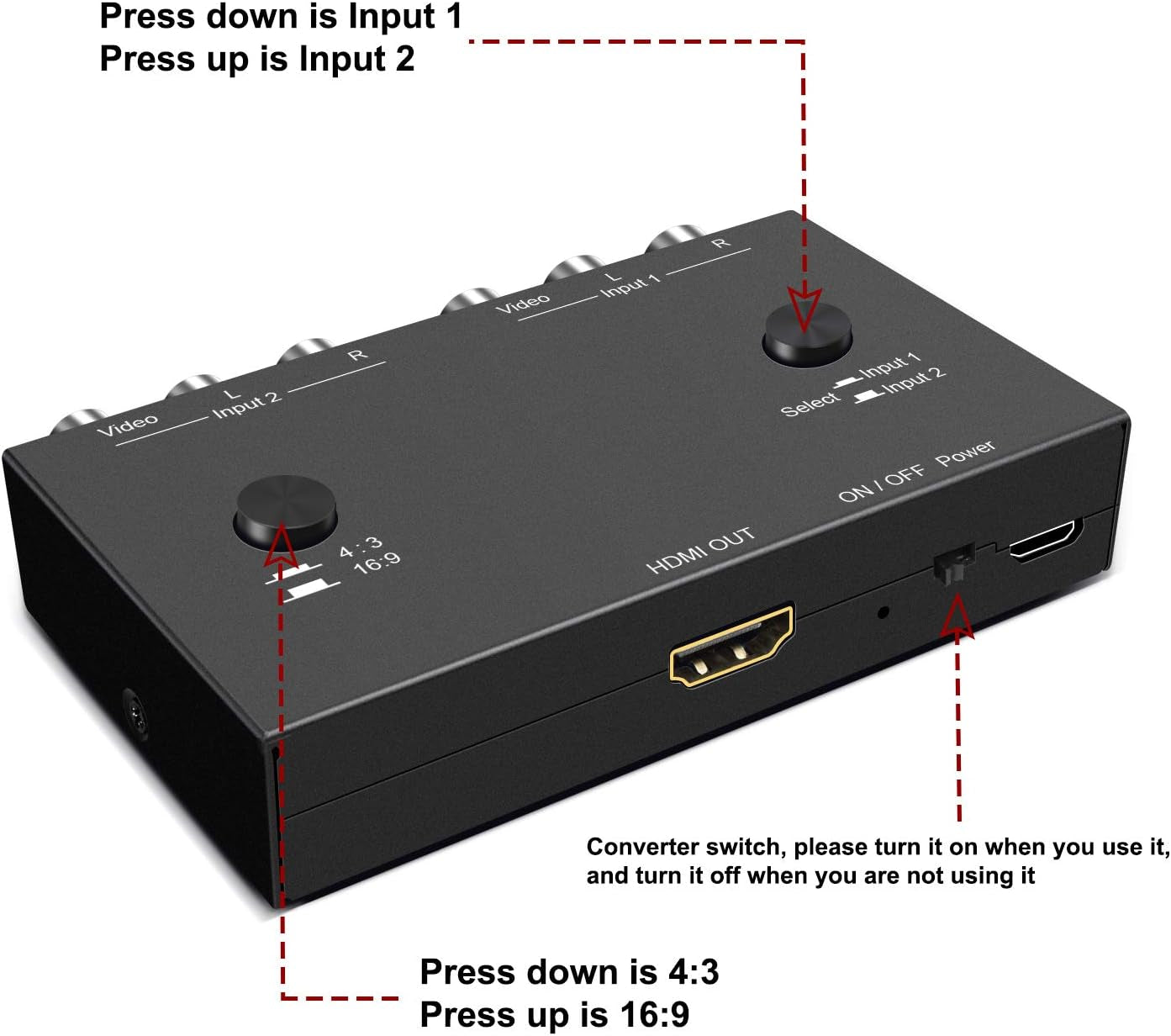 2 Port AV to HDMI Converter, RCA to HDMI Adapter Support 16:9/4:3 Compatible with WII, N64, PS2, VHS, VCR DVD Players Etc