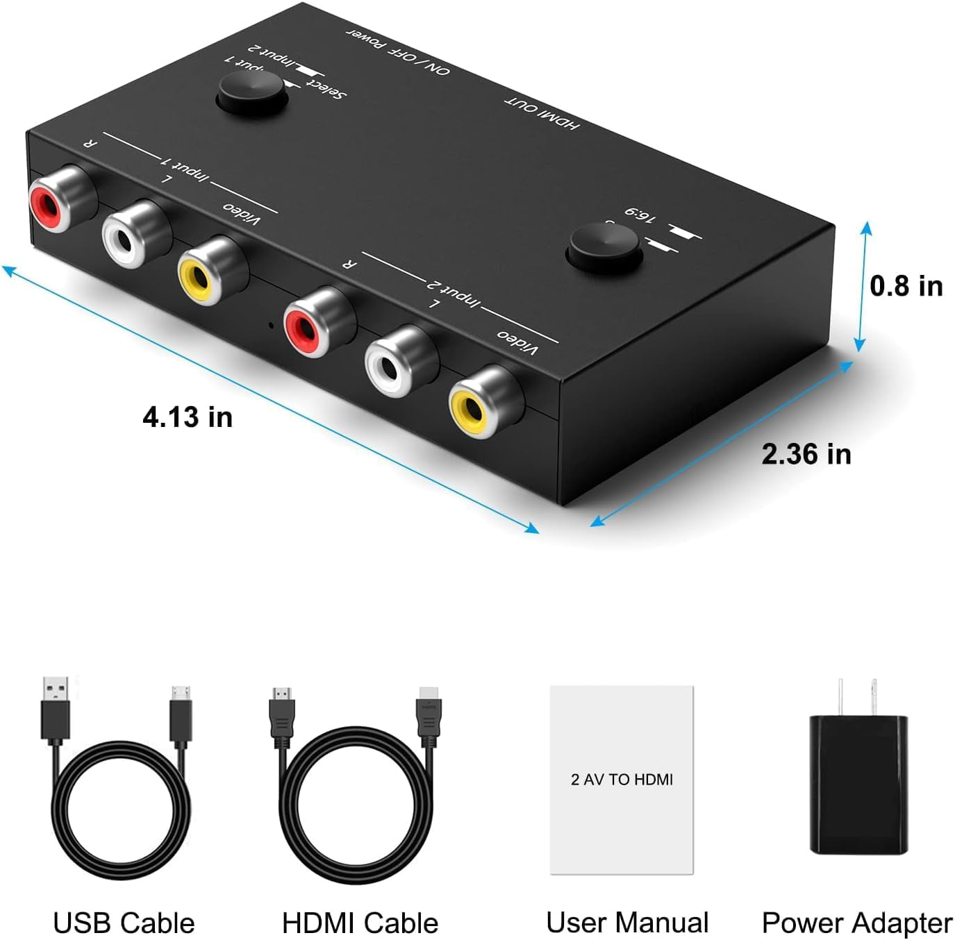 2 Port AV to HDMI Converter, RCA to HDMI Adapter Support 16:9/4:3 Compatible with WII, N64, PS2, VHS, VCR DVD Players Etc