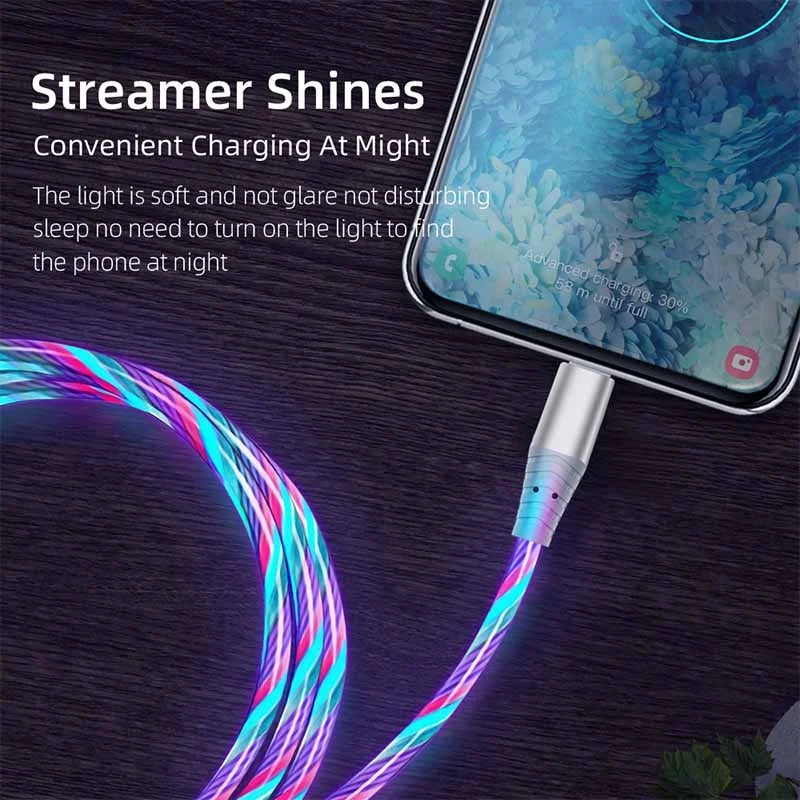 Flow Luminous USB Type-C 3A Fast Charging Data Cable for Samsung, Xiaomi, OPPO, Huawei, and iPhone with LED Indicator