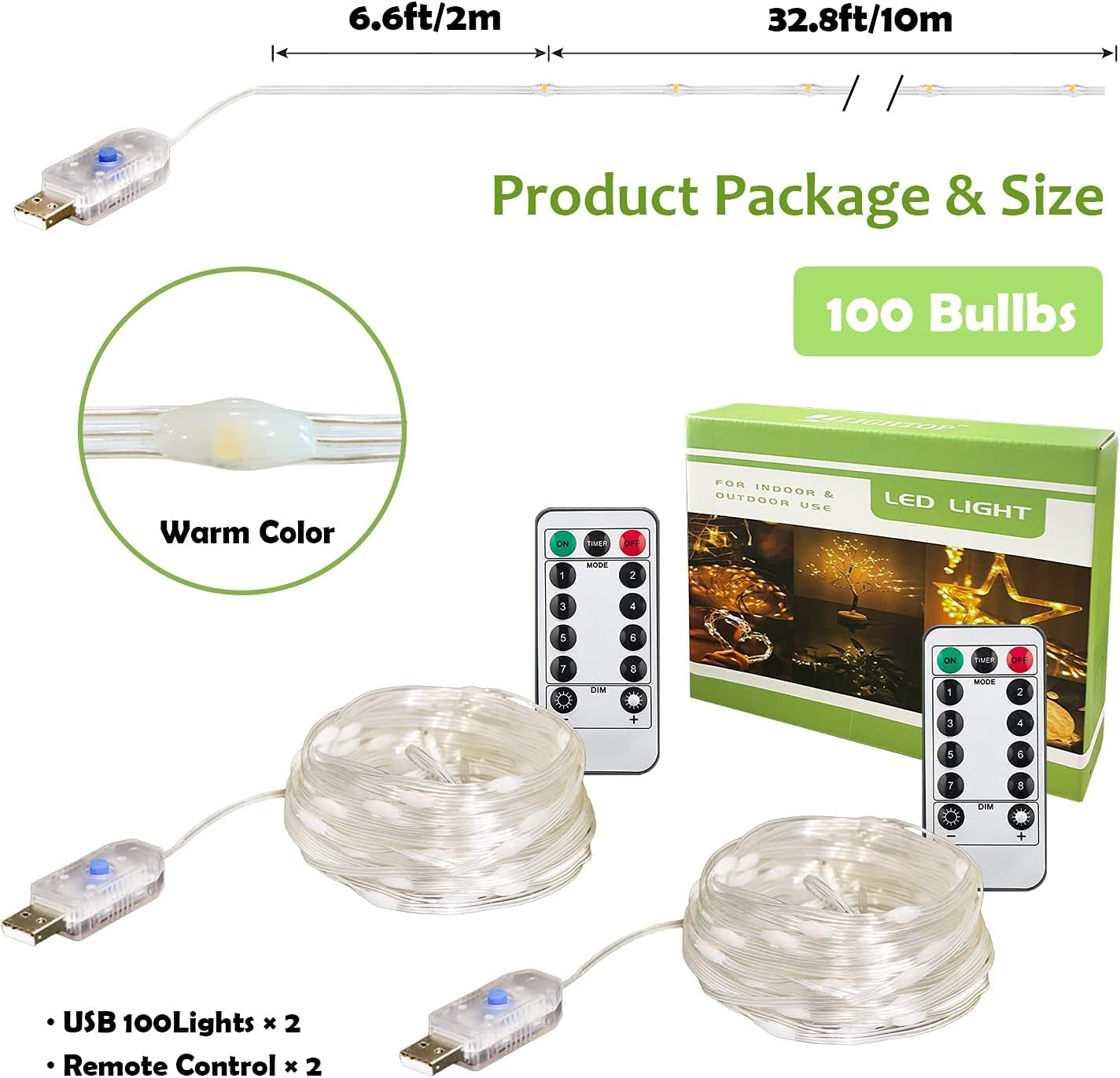 Christmas Lights Outdoor String Lights 2Pack 33FT/100LED 8 Modes USB Power Remote Control Waterproof Indoor Fairy Lights for Garden Camping Party Decor (Warm White)