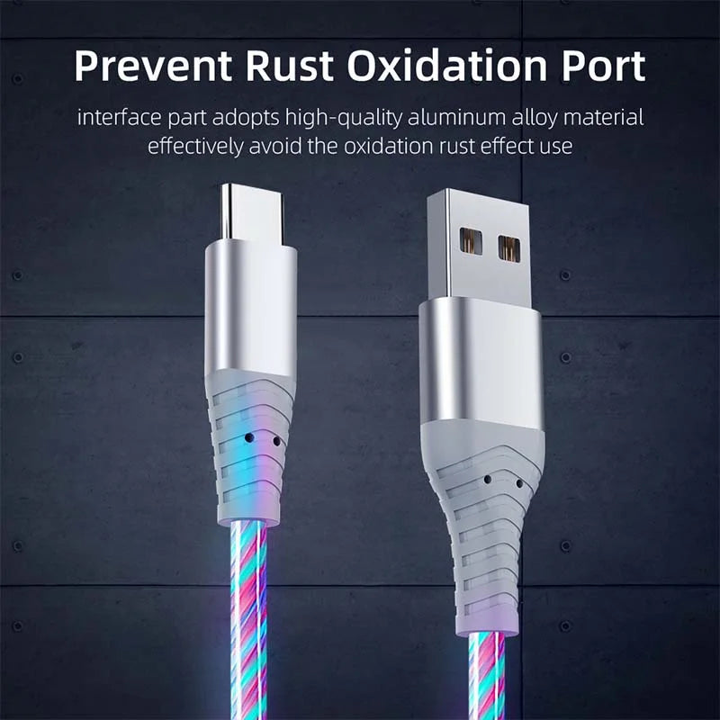 Flow Luminous USB Type-C 3A Fast Charging Data Cable for Samsung, Xiaomi, OPPO, Huawei, and iPhone with LED Indicator