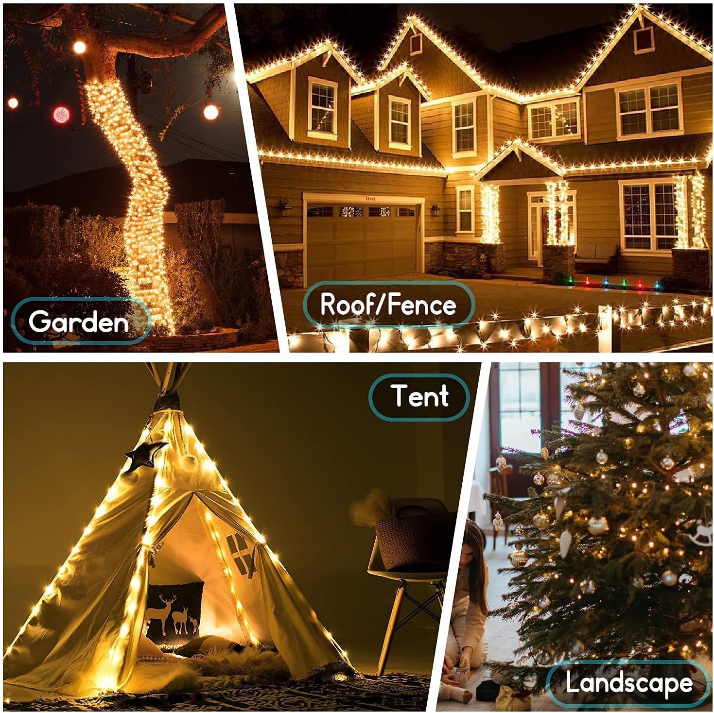 Christmas Lights Outdoor String Lights 2Pack 33FT/100LED 8 Modes USB Power Remote Control Waterproof Indoor Fairy Lights for Garden Camping Party Decor (Warm White)