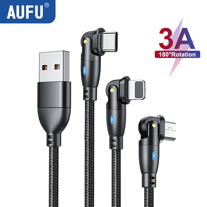 3A Fast Charging Type-C Cable for Samsung, 180-Degree Rotating iPhone Cable, Micro USB Charger Data Cord for Xiaomi, Realme, and Poco F3