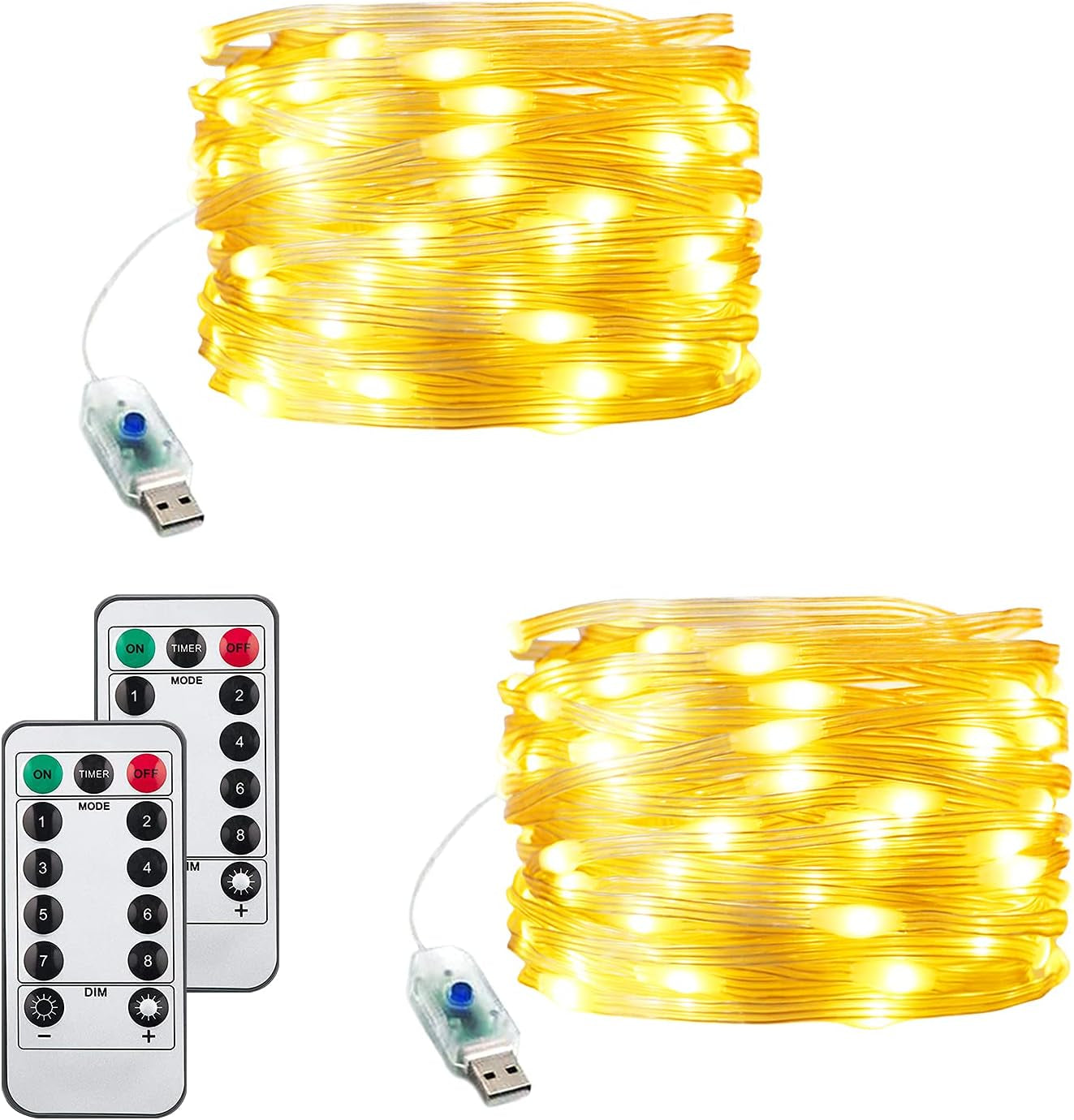 Christmas Lights Outdoor String Lights 2Pack 33FT/100LED 8 Modes USB Power Remote Control Waterproof Indoor Fairy Lights for Garden Camping Party Decor (Warm White)