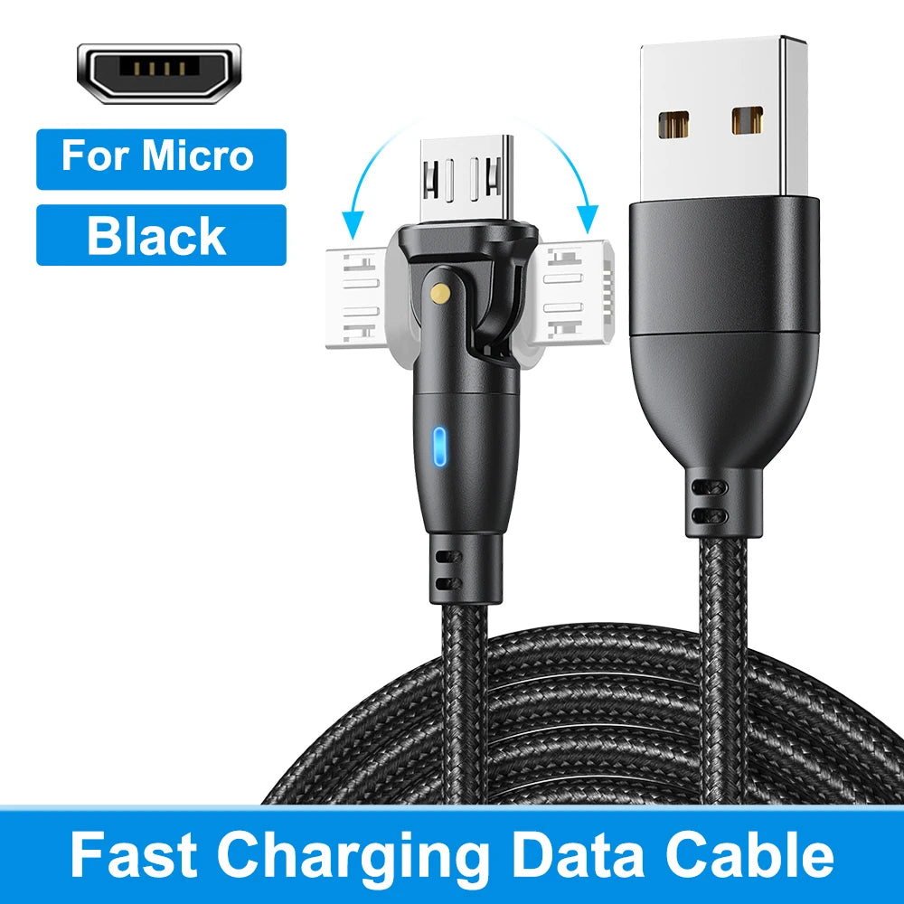 3A Fast Charging Type-C Cable for Samsung, 180-Degree Rotating iPhone Cable, Micro USB Charger Data Cord for Xiaomi, Realme, and Poco F3